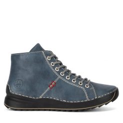 Botki Rieker. Niebieskie botki Rieker, bez wzorów, bez obcasa, na płaskiej podeszwie, bez zapięcia. Za 349.99 zł.