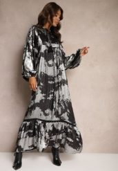 Srebrno-Czarna Sukienka Wiązana przy Dekolcie z Metaliczną Nitką o Pudełkowym Fasonie Rorirae. Szare sukienki Renee, na imprezę, m, z aplikacjami, eleganckie, bez kołnierzyka, bez ramiączek, maxi. Za 69.99 zł.