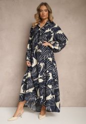 Niebieska Rozkloszowana Sukienka z Wiskozy z Motywem Liści Wilvesia. Niebieskie sukienki Renee, na co dzień, m, bez wzorów, z wiskozy, eleganckie, bez kołnierzyka, bez ramiączek, maxi, rozkloszowane. Za 99.99 zł.