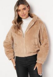 Ciemnobeżowa Pluszowa Kurtka Bluza z Kapturem i Futerkiem Belliva. Brązowe bluzy Born2be, l, bez wzorów, z kapturem. Za 79.99 zł.