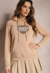 Beżowa Bluza Kangurka Ocieplona Polarem z Ozdobnym Nadrukiem Elili. Brązowe bluzy Renee, l, bez wzorów, z jeansu, bez kaptura. Za 79.99 zł.