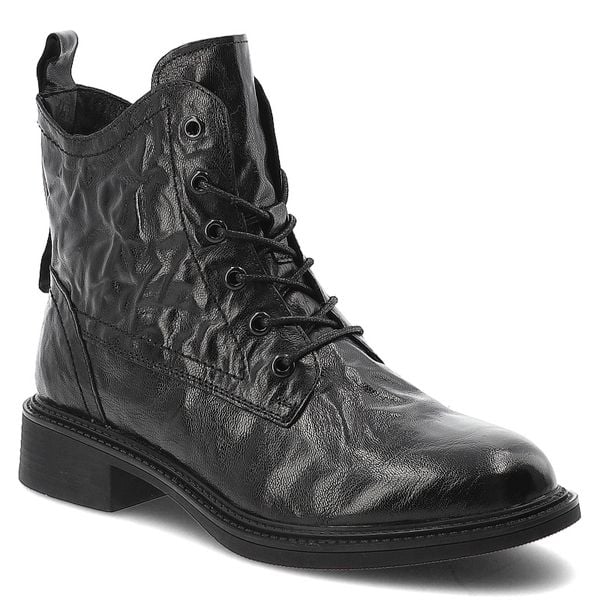 Botki damskie Artiker, licowa skórzana marszczona cholewka na płaskim obcasie i ocieplane futerkiem, czarne, 57C1006. Czarne botki Artiker, bez wzorów, ze skóry, bez obcasa, na obcasie, bez zapięcia. Za 249.00 zł.