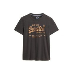 T-shirt z fantazyjnym logo dla kobiet Superdry Vintage. Czarne t-shirty Superdry, bez wzorów, bez kołnierzyka, bez ramiączek. W wyprzedaży za 149.10 zł.