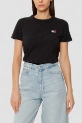 TOMMY JEANS Czarny damski t-shirt z małym logo, Rozmiar XS. Czarne t-shirty Tommy Jeans, s, bez wzorów, z jeansu, bez kołnierzyka, bez ramiączek. W wyprzedaży za 129.99 zł.