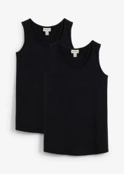 Top ciążowy i do karmienia piersią z bawełny (2 sztuki). Czarne topy bonprix, bez wzorów, z bawełny, bez kołnierzyka, bez ramiączek. Za 114.99 zł.
