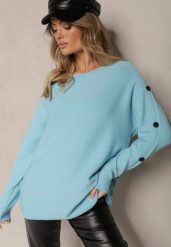 Jasnoniebieski Sweter z Wiskozą i Bawełną Ozdobiony Guzikami Ciavonne. Niebieskie swetry Renee, xl, z aplikacjami, z bawełny, bez ramiączek. Za 69.99 zł.