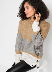 Sweter oversize w paski z guzikami. Brązowe swetry bonprix, bez wzorów, bez ramiączek. Za 169.99 zł.