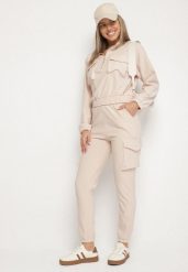 Beżowy Komplet Dresowy w Stylu Cargo Bluza na Suwak i Joggery Sitene. Brązowe bluzy Born2be, l, bez wzorów, z dresówki, bez kaptura. Za 79.99 zł.
