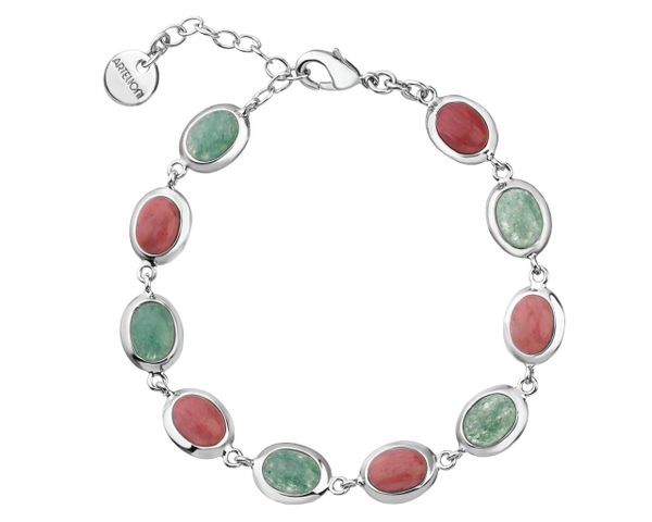 Bransoletka z mosiądzu rodowana z awenturynami i rhodonitami. Bransoletki Artelioni, z mosiądzu. W wyprzedaży za 188.30 zł.