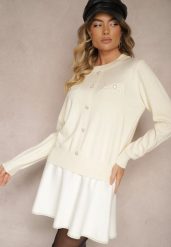 Jasnobeżowy Sweter z Wiskozą na Guziki z Perełkami i Ściągaczami Evaselle. Brązowe swetry Renee, z aplikacjami, z wiskozy, bez ramiączek. Za 69.99 zł.