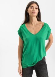 Koszulka z mieszanki wiskozy. Zielone bluzki bonprix, bez wzorów, z koronki, bez kołnierzyka, bez ramiączek. Za 77.99 zł.