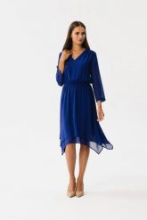 Elegancka zwiewna sukienka szyfonowa asymetryczna chaber. Niebieskie sukienki Stylove, na imprezę, s, bez wzorów, z gumy, eleganckie, z asymetrycznym kołnierzem, bez ramiączek, asymetryczne. Za 379.00 zł.