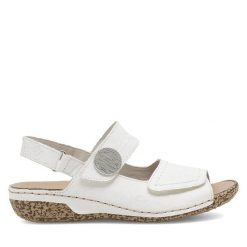 Sandały Rieker. Białe sandały Rieker, bez wzorów, bez obcasa, na płaskiej podeszwie, bez zapięcia. Za 339.99 zł.