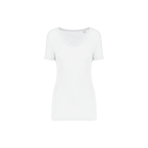 Damska koszulka z dekoltem w serek Kariban Lyocell Tencel™. Białe bluzki KARIBAN, bez wzorów, z lyocellu, bez ramiączek. Za 100.00 zł.