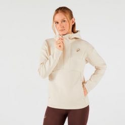 Bluza tenisowa damska z kapturem, na suwak. Brązowe bluzy KUIKMA, m, bez wzorów, z elastanu, z kapturem. Za 129.99 zł.