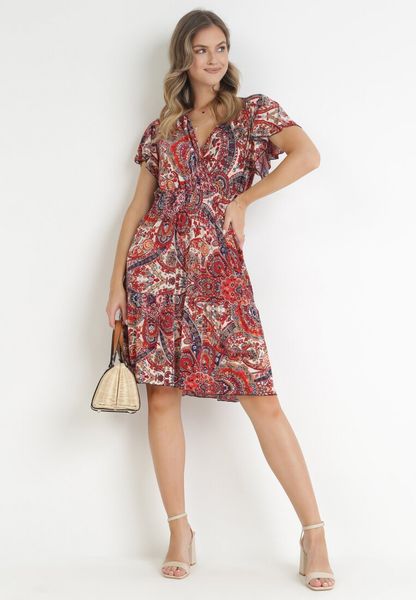 Czerwona Kwiecista Sukienka Mini z Gumką w Talii i Krótkimi Rękawami Scillenne. Czerwone sukienki Born2be, na lato, l, bez wzorów, bez kołnierzyka, bez ramiączek, mini, kopertowe. Za 49.99 zł.