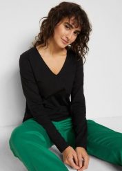 Bluzka z długim rękawem z czystej bawełny organicznej. Białe bluzki bonprix, bez wzorów, z bawełny, bez kołnierzyka, bez ramiączek. Za 44.99 zł.