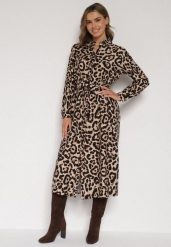 Panterkowa Koszulowa Sukienka z Wiskozą w Panterkę z Wiązanym Paskiem Assava. Sukienki Born2be, do pracy, l, bez wzorów, z wiskozy, biznesowe, bez kołnierzyka, bez ramiączek, maxi, koszulowe. Za 109.99 zł.