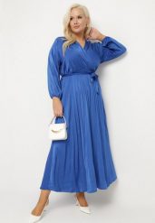 Niebieska Sukienka Maxi z Gumką w Pasie i Kopertowym Dekolcie Bertrama. Niebieskie sukienki Born2be, l, bez wzorów, z materiału, bez kołnierzyka, bez ramiączek, maxi, kopertowe. Za 69.99 zł.