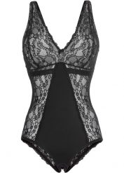 Body bez fiszbinów z delikatną koronką. Czarne body bonprix, bez wzorów, z koronki. Za 127.99 zł.