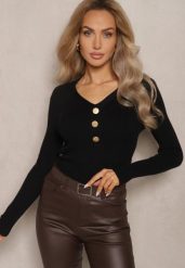 Czarny Prążkowany Sweter z Bawełną i Guzikami Mirisia. Czarne swetry Renee, na zimę, bez wzorów, z bawełny, bez ramiączek. Za 54.99 zł.