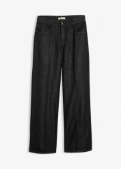 Dżinsy z szerokimi nogawkami, mid waist. Czarne jeansy bonprix, bez wzorów. Za 124.99 zł.