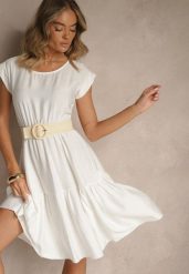 Biała Rozkloszowana Sukienka z Wiskozy Linurea. Białe sukienki Renee, na co dzień, bez wzorów, z wiskozy, eleganckie, bez kołnierzyka, bez ramiączek, midi, rozkloszowane. Za 69.99 zł.