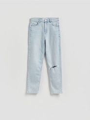 Jeansy mom fit z rozcięciem - niebieski. Niebieskie jeansy Reserved, bez wzorów. Za 129.99 zł.