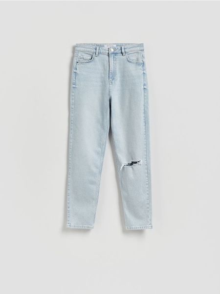 Jeansy mom fit z rozcięciem - niebieski. Niebieskie jeansy Reserved, bez wzorów. W wyprzedaży za 35.99 zł.