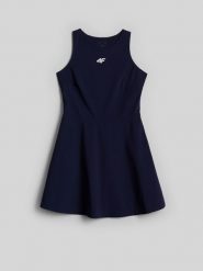 4F Sukienka tenisowa damska - granatowa S. Niebieskie sukienki 4f, na imprezę, l, bez wzorów, klasyczne, bez kołnierzyka, bez ramiączek, mini. Za 179.99 zł.