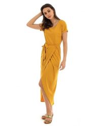 Fille de Coton Sukienka "Lydia" w kolorze musztardowym rozmiar: 36/38. Żółte sukienki Fille de Coton, bez wzorów, z bawełny, klasyczne, bez kołnierzyka, bez ramiączek, maxi. Za 143.99 zł.