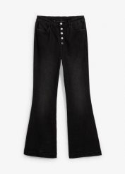 Jeansy z rozszerzanym dołem, high waist, z wygodnym pasem. Czarne jeansy bonprix, bez wzorów, z podwyższonym stanem. Za 169.99 zł.
