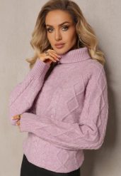 Fioletowy Oversizowy Golf w Ozdobny Splot Jupiterra. Fioletowe golfy Renee, z aplikacjami, z dzianiny, bez ramiączek. Za 79.99 zł.