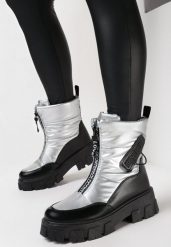 Srebrne Śniegowce na Płaskiej Podeszwie z Zamkiem z Przodu i Napisem Bulluna. Szare trapery i śniegowce Born2be, z jeansu. Za 79.99 zł.