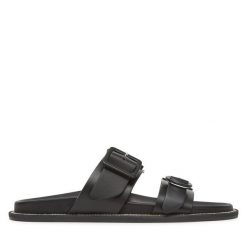 Klapki Pollini. Czarne klapki Pollini, bez wzorów, bez obcasa. Za 1,249.00 zł.