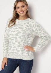 Miętowy Sweter z Wełną o Klasycznym Kroju Zdobiony Wzorem w Cętki Zinarisa. Zielone swetry Born2be, na zimę, l, z aplikacjami, z wełny, bez ramiączek. Za 64.99 zł.