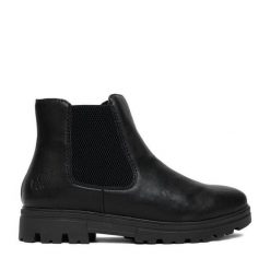 Botki Rieker. Czarne botki Rieker, bez wzorów, bez obcasa, na płaskiej podeszwie, bez zapięcia. Za 369.99 zł.