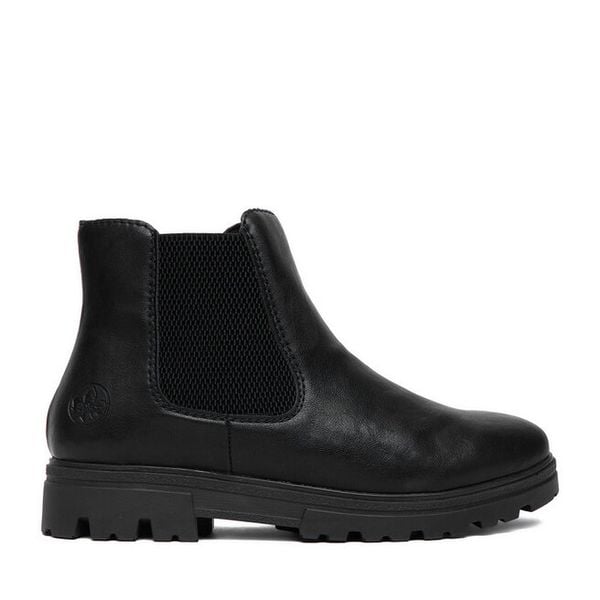 Botki Rieker. Czarne botki Rieker, bez wzorów, bez obcasa, na płaskiej podeszwie, bez zapięcia. Za 369.99 zł.