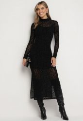 Czarna Siateczkowa Sukienka z Welurowym Nadrukiem w Cętki i Rozcięciami Zaili. Czarne sukienki Born2be, na co dzień, l, bez wzorów, z weluru, eleganckie, bez kołnierzyka, bez ramiączek, midi, dopasowane. Za 149.99 zł.