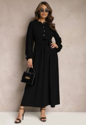 Czarna Rozkloszowana Sukienka Maxi Plisowana Wiązana w Pasie Terilla. Czarne sukienki Renee, bez wzorów, z materiału, bez kołnierzyka, bez ramiączek, maxi, koszulowe. Za 99.99 zł.