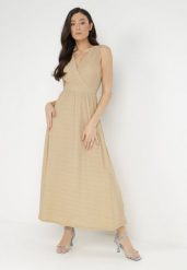 Beżowo-Złota Sukienka Kephadia. Brązowe sukienki Born2be, l, bez wzorów, z gumy, eleganckie, bez kołnierzyka, bez ramiączek, maxi, rozkloszowane. Za 159.99 zł.