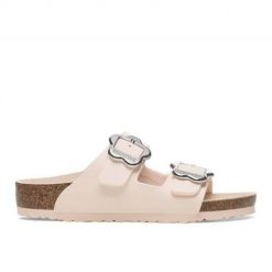 Klapki damskie Birkenstock Arizona. Białe klapki Birkenstock, bez wzorów, z materiału, bez obcasa. Za 233.10 zł.