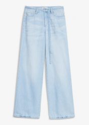 Jeansy wide leg, mid waist, z paskiem. Niebieskie jeansy bonprix, bez wzorów. Za 124.99 zł.