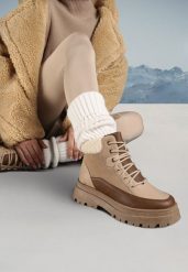 Ciemnobeżowe Traperki Sznurowane Trapery Jette. Brązowe trapery i śniegowce Born2be, z jeansu. Za 109.99 zł.