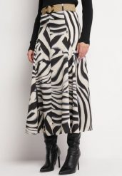 Granatowo-Beżowa Rozkloszowana Spódnica Maxi w Tygrysie Paski z Paskiem w Komplecie Castella. Niebieskie spódnice Born2be, l, bez wzorów, maxi, rozkloszowane. Za 109.99 zł.