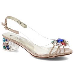 Sandaly damskie Scaviola, transparentna cholewka z dekoracyjnymi kryształami smukłe paski przy palcach regulowane zapięcie, nude, G-25. Brązowe sandały Sca'viola, bez wzorów, eleganckie, bez obcasa, na obcasie, bez zapięcia. Za 289.00 zł.