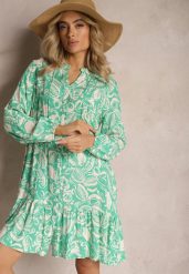 Zielona Rozkloszowana Sukienka Mini z Wiskozy w Koszulowym Stylu z Motywem Natury Berdia. Zielone sukienki Renee, l, bez wzorów, z wiskozy, bez kołnierzyka, bez ramiączek, mini, koszulowe. Za 89.99 zł.