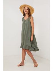 Lin Passion Lniana sukienka w kolorze khaki rozmiar: 36/38. Brązowe sukienki Lin Passion, bez wzorów, ze lnu, klasyczne, bez kołnierzyka, bez ramiączek, midi. Za 152.99 zł.