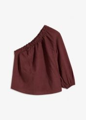 Bluzka na jedno ramię z domieszką lnu. Niebieskie bluzki bonprix, bez wzorów, bez kołnierzyka, bez ramiączek. Za 59.99 zł.