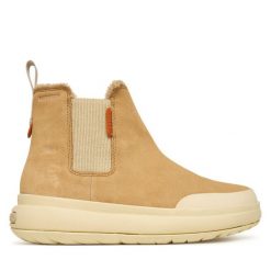 Sztyblety Merrell. Brązowe botki Merrell, bez wzorów, bez obcasa, na płaskiej podeszwie, bez zapięcia. Za 519.99 zł.
